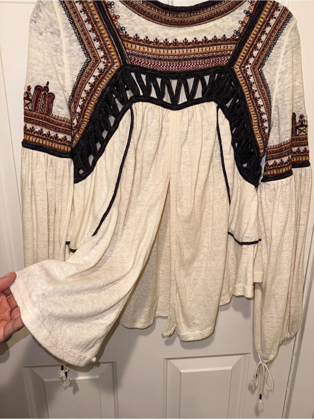 Free People Cream Snow Kisses - Boho Embroidered Tunic with Black Trim - Picture 9 of 14